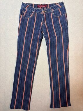 Striped Navy Straight-Leg Jeans with Red Pinstripes